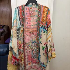 Johnny Was Pastel Aztec Floral Kimono Jacket - Teal, Pink, Peach